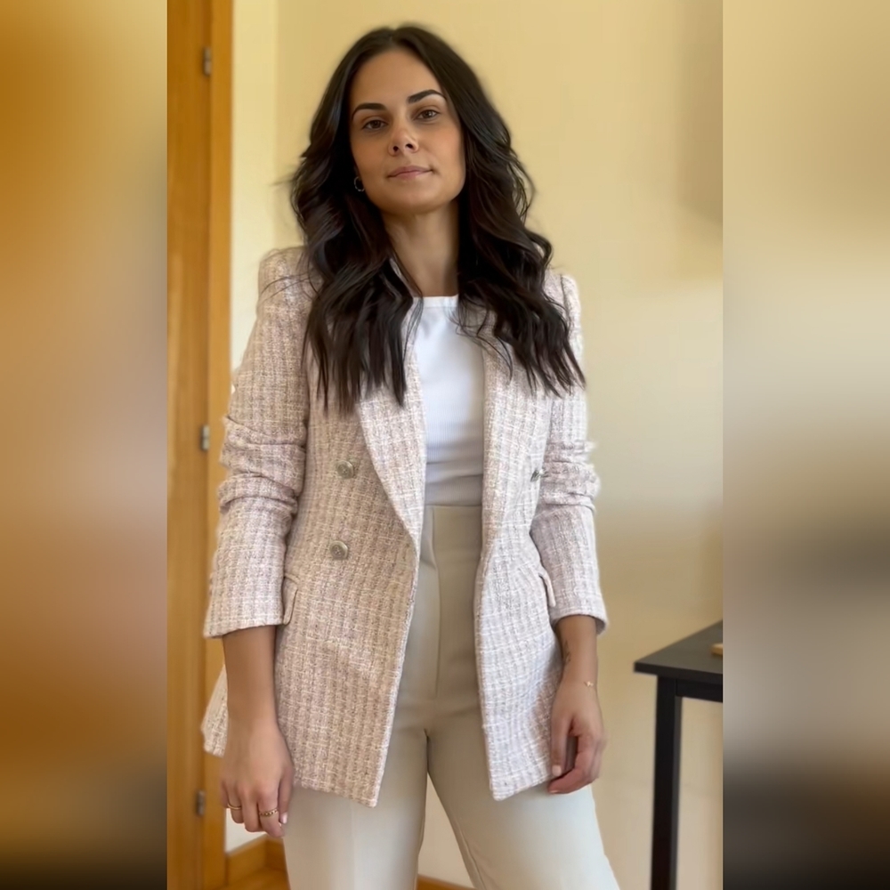 Zara Pink Tweed Double-Breasted Blazer - Picture 3 of 14